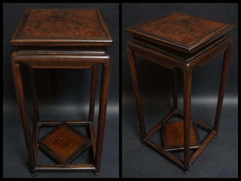 茶道具 古唐木縞黒檀製高足花台 天板花梨玉杢 瘤杢盆栽台 香炉台高さ36.5cm