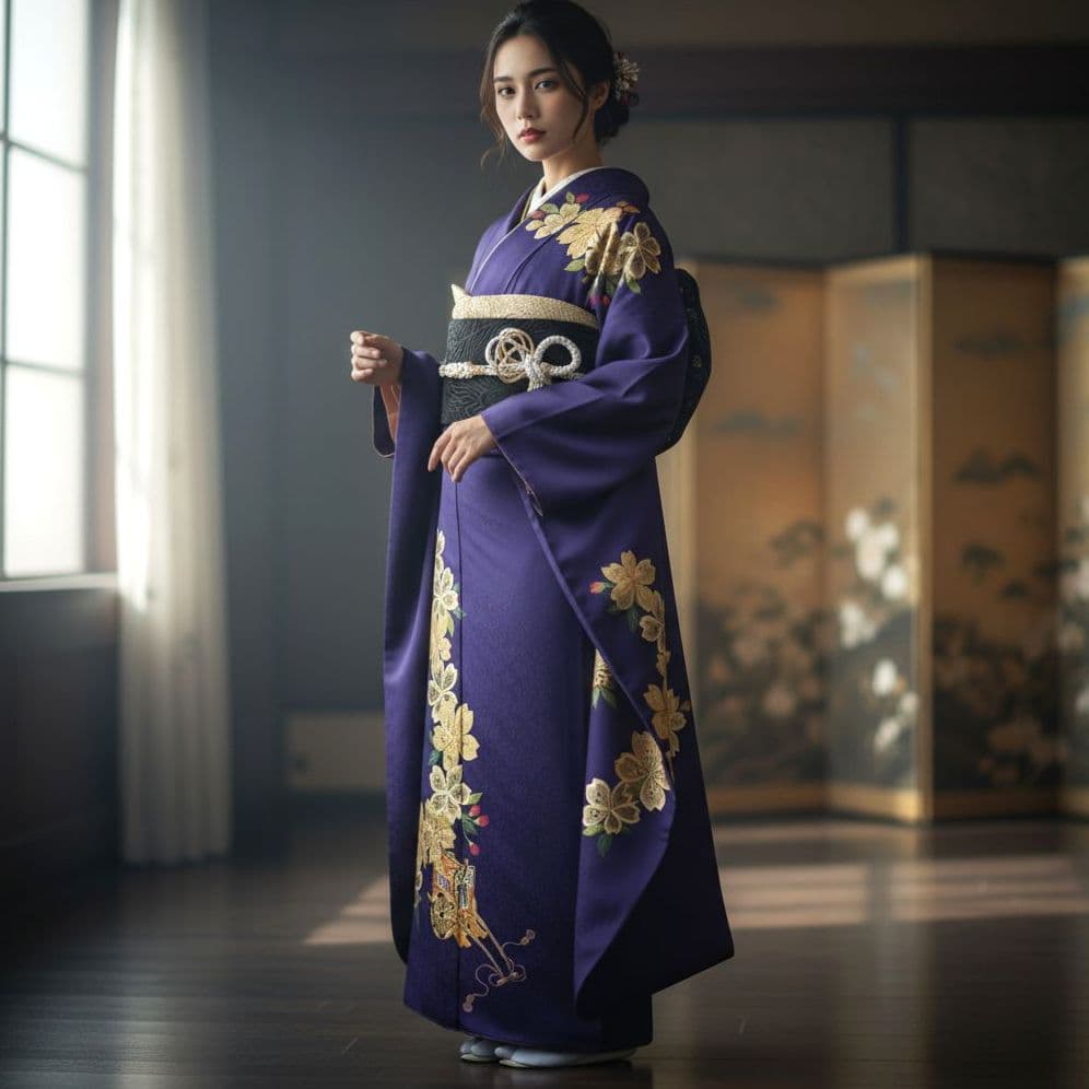 振袖フルセット(7点)・成人式・色無地振袖・高級縮緬・金刺繍・金彩加工・モダン