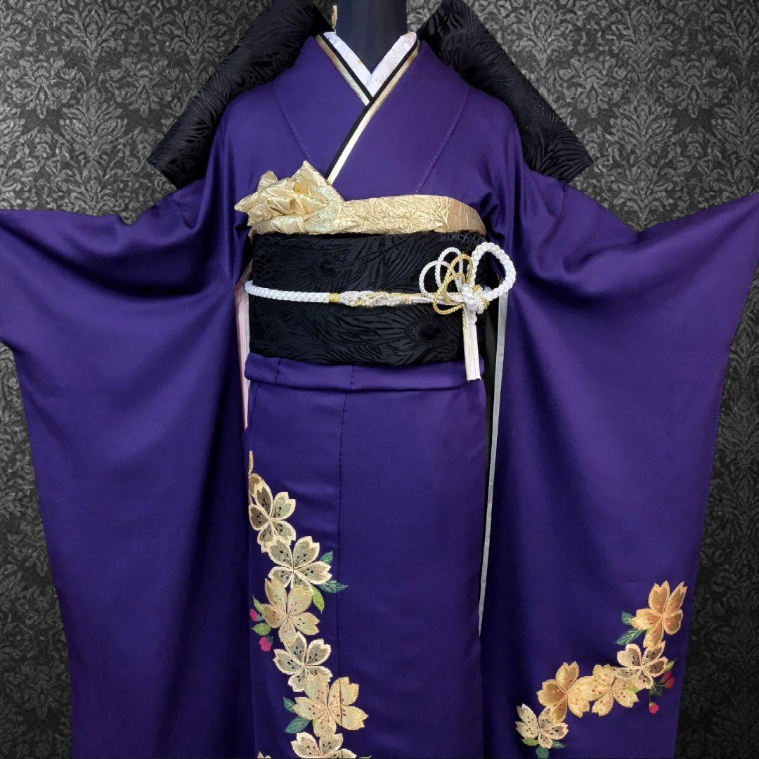 振袖フルセット(7点)・成人式・色無地振袖・高級縮緬・金刺繍・金彩加工・モダン