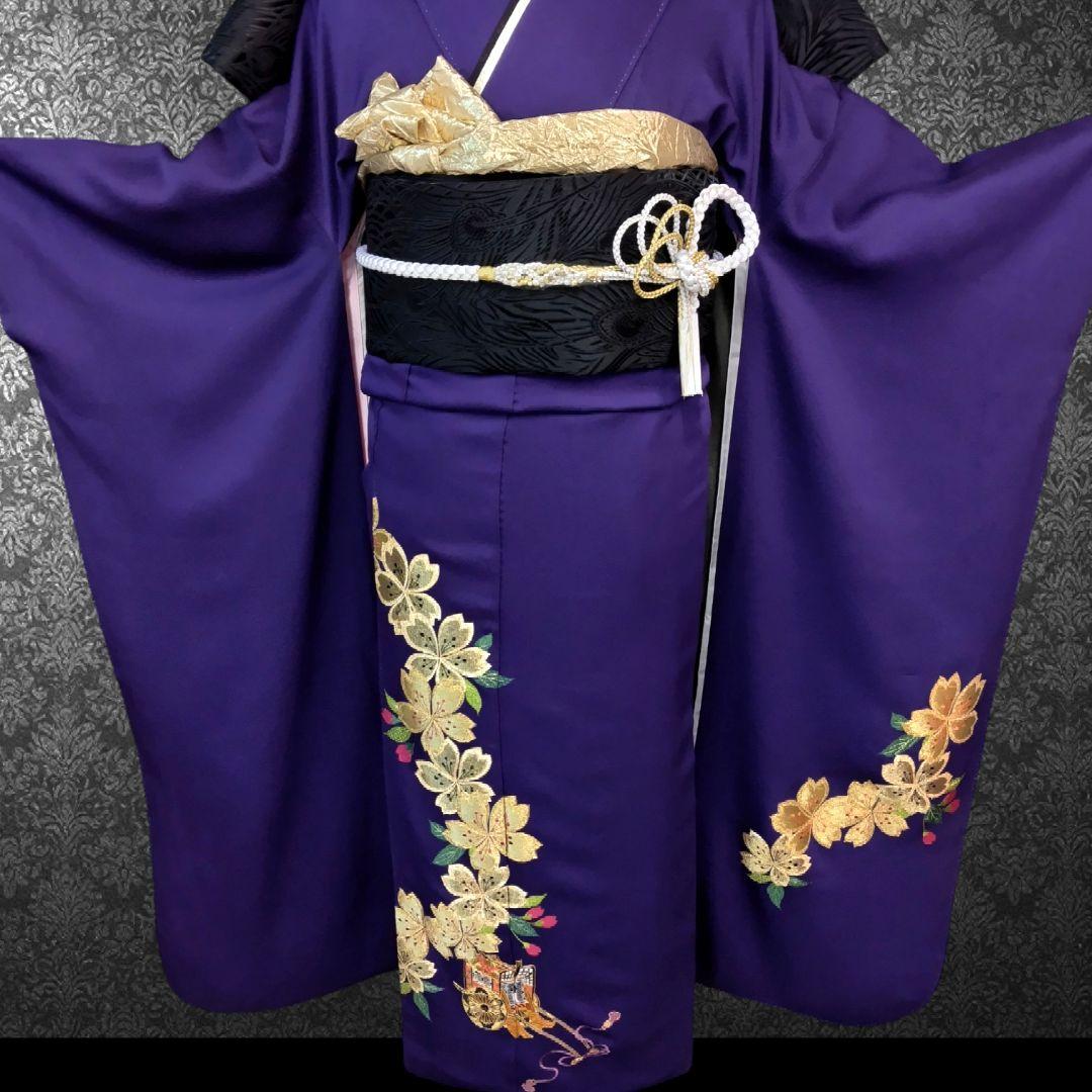 振袖フルセット(7点)・成人式・色無地振袖・高級縮緬・金刺繍・金彩加工・モダン