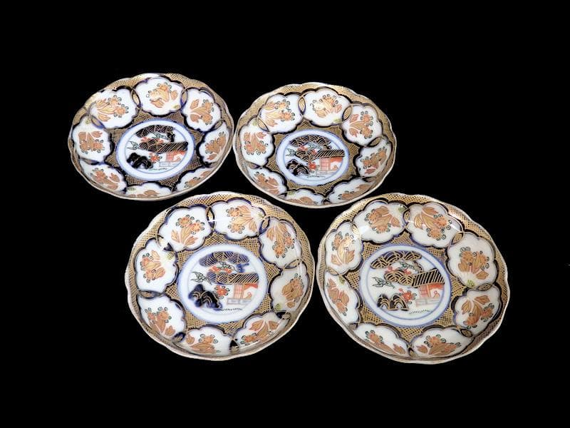 古伊万里　金襴手　陽刻　窓絵　花の図　４寸皿　４枚　E111AS-fblc