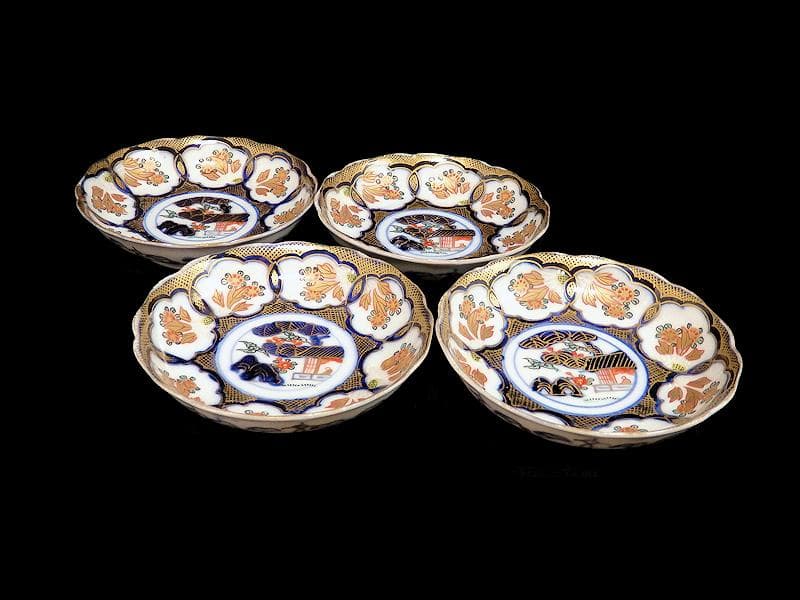 古伊万里　金襴手　陽刻　窓絵　花の図　４寸皿　４枚　E111AS-fblc