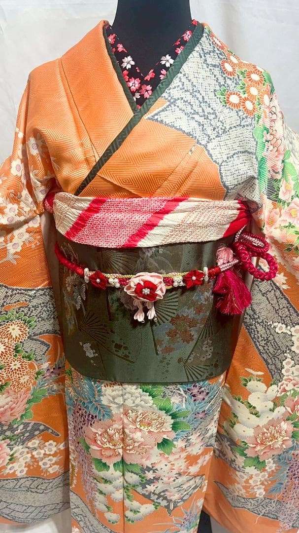 【美品】振袖フルセット成人式6点セット　オレンジ/緑/黒/ピンク/花柄/絞り柄