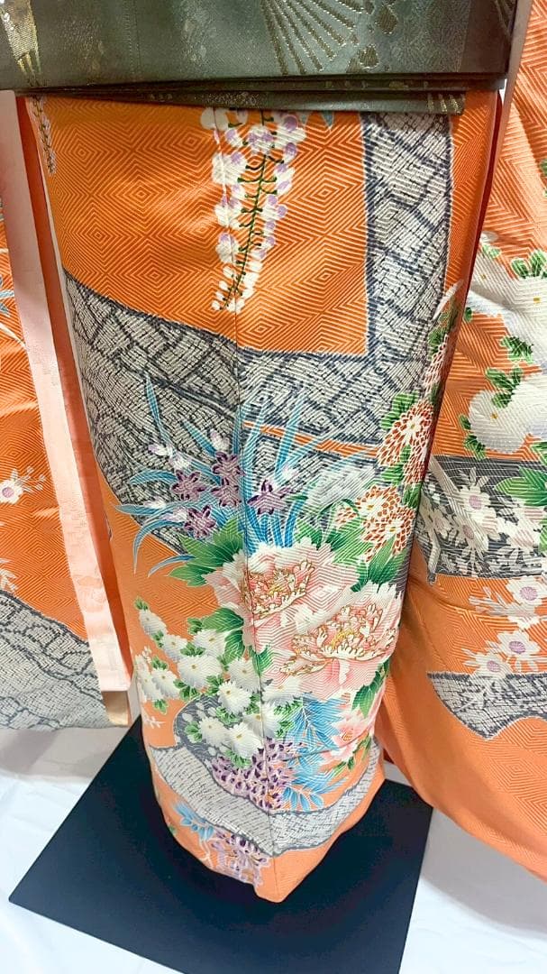 【美品】振袖フルセット成人式6点セット　オレンジ/緑/黒/ピンク/花柄/絞り柄