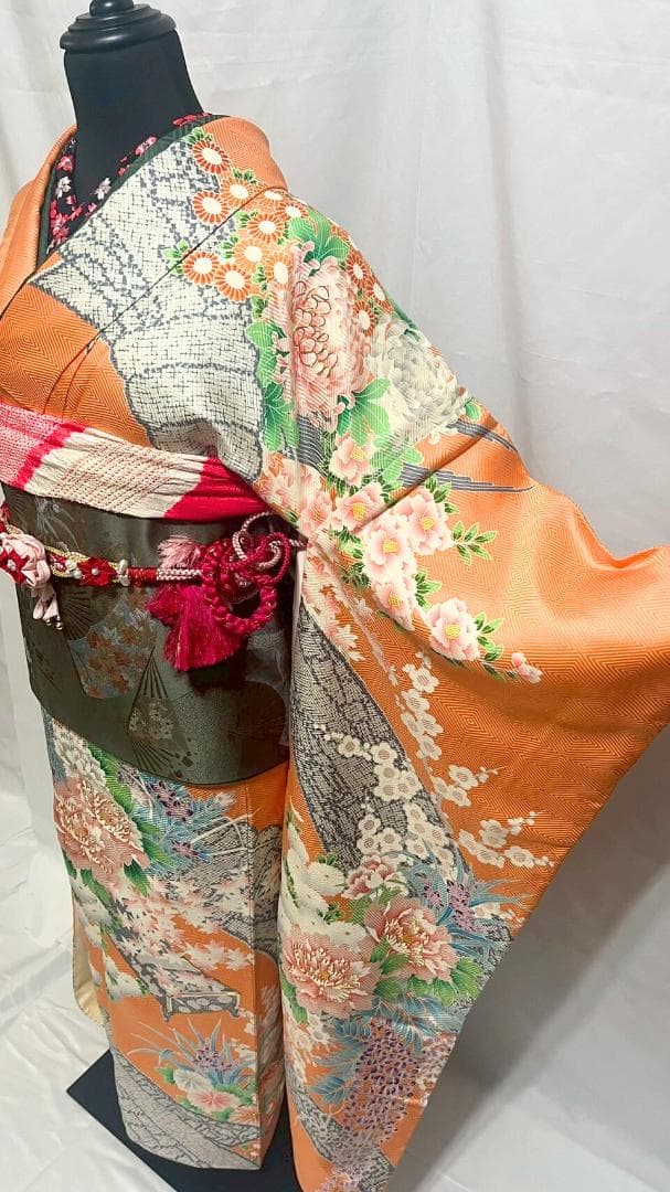 【美品】振袖フルセット成人式6点セット　オレンジ/緑/黒/ピンク/花柄/絞り柄