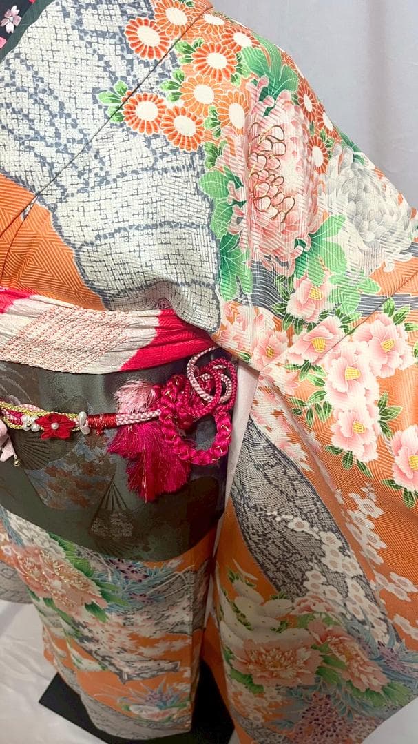 【美品】振袖フルセット成人式6点セット　オレンジ/緑/黒/ピンク/花柄/絞り柄