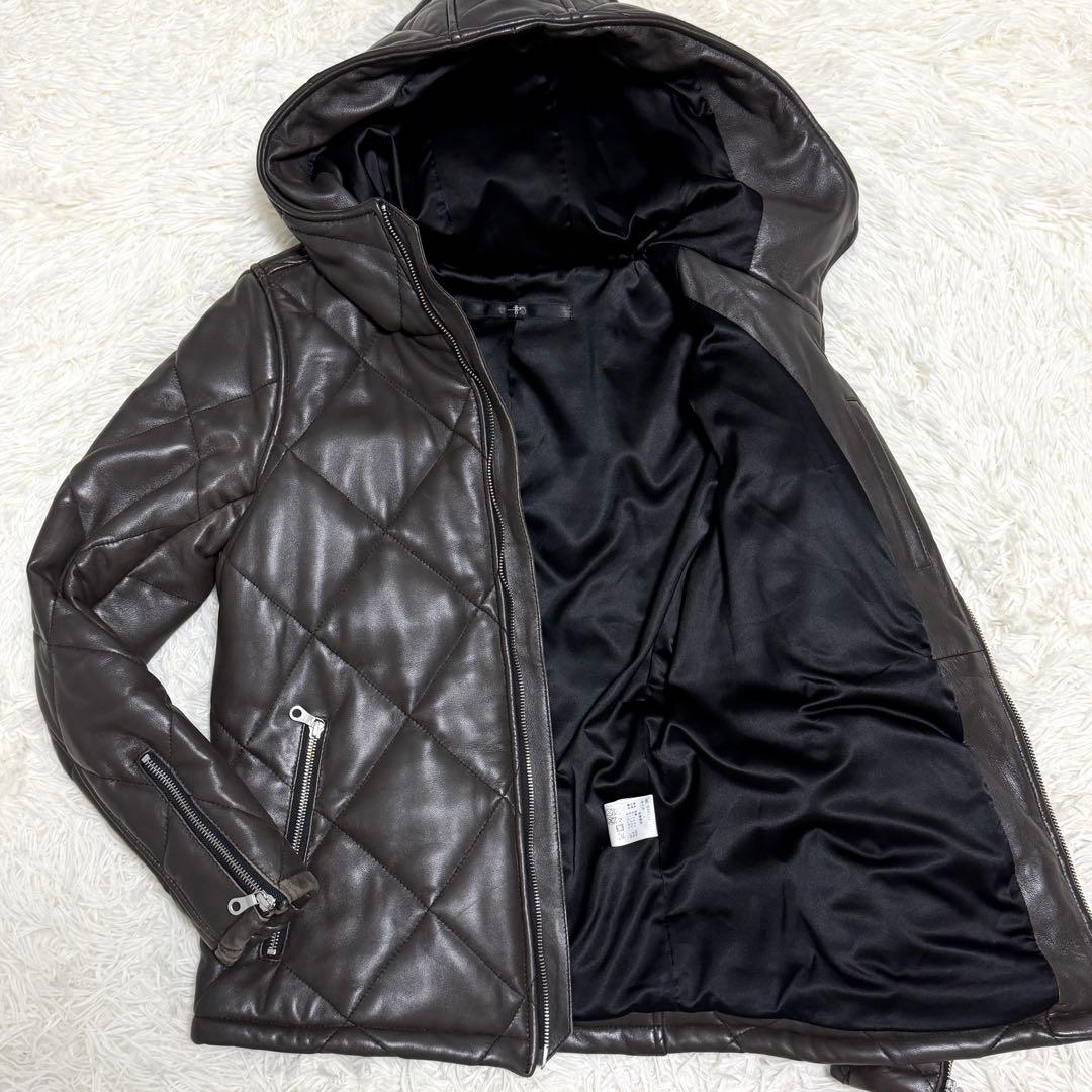 【良品】NO ID. ラムレザージャケット 羊革 キルティング フード ブラウン