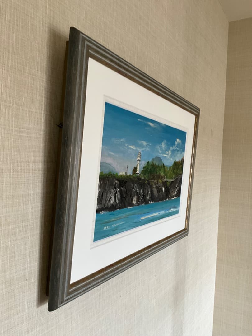 油彩原画　岡本利一作　伊豆城ヶ崎海景　M8号キャンバス＋オーダーフレーム　額装品