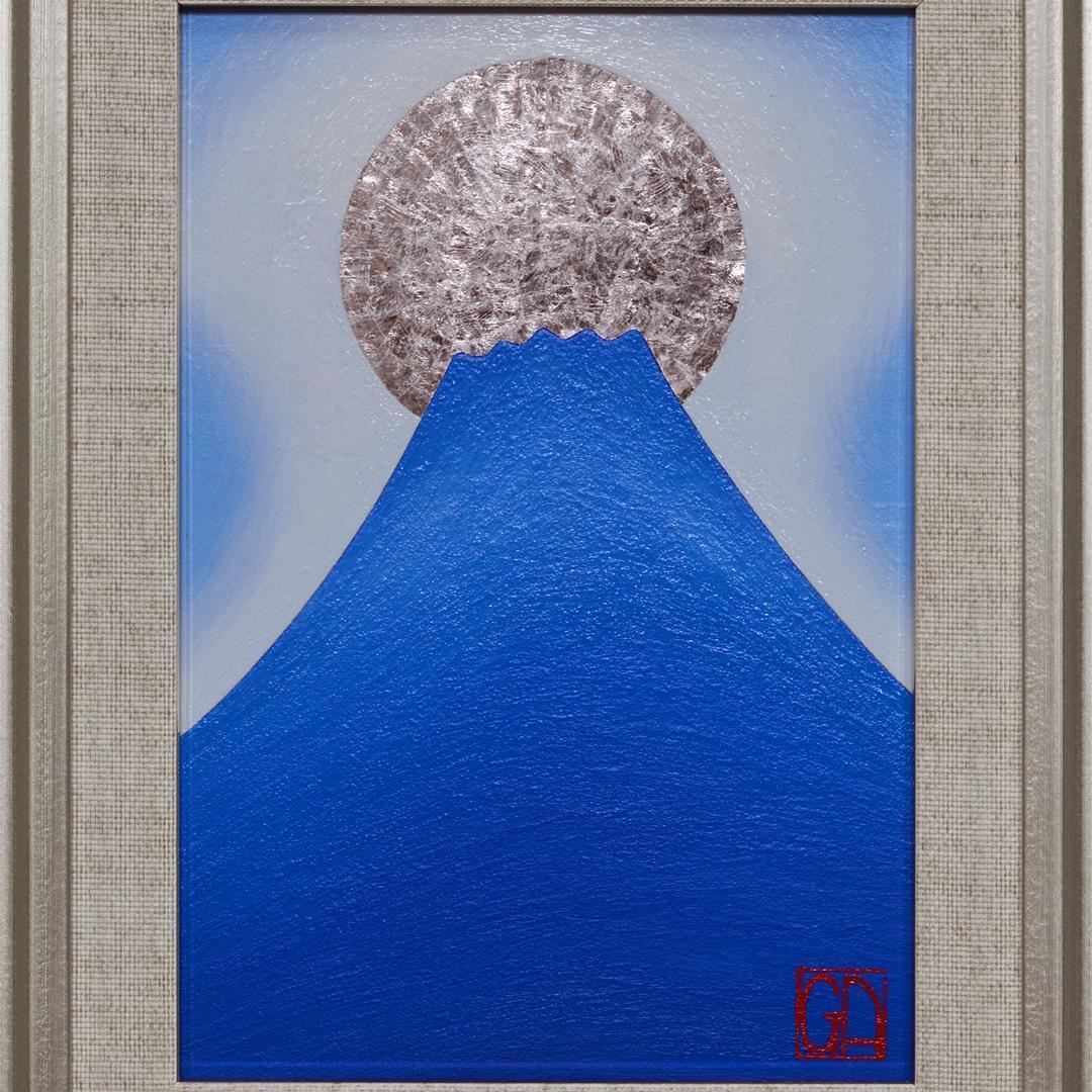 『青嶺円照』●SM油彩額付タテ36.3cm銀シルバー満月富士山がんどうあつし油絵