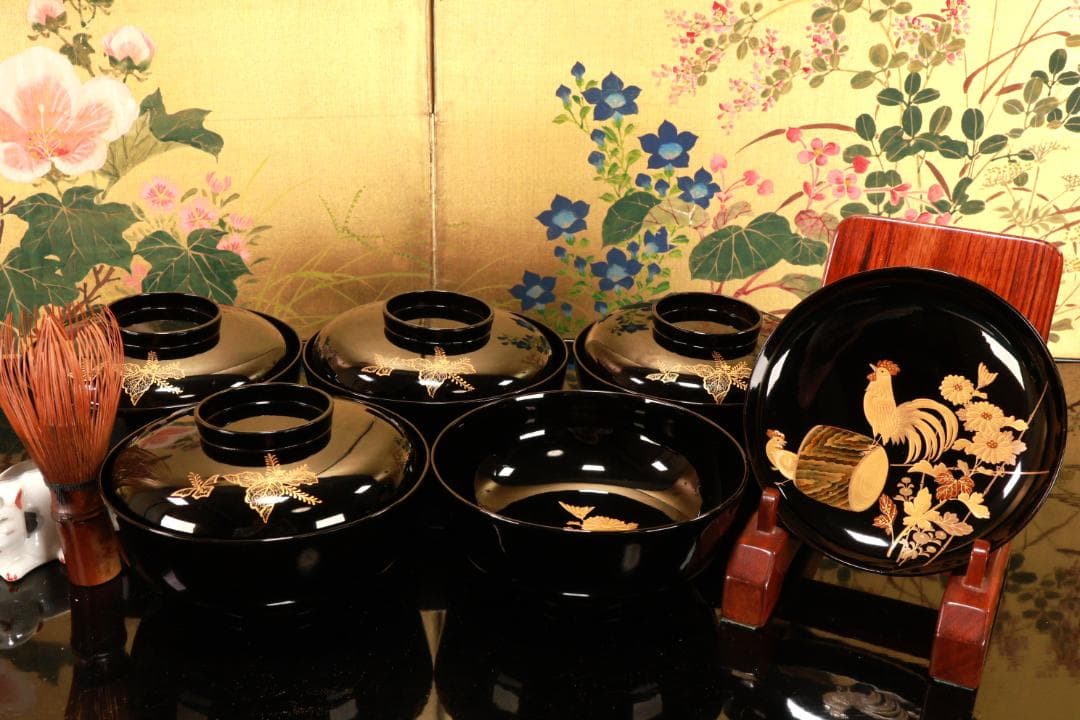 BJ131　時代輪島　加賀蒔絵　鶏図　吸物椀　五客　木製　茶道具 懐石 会席