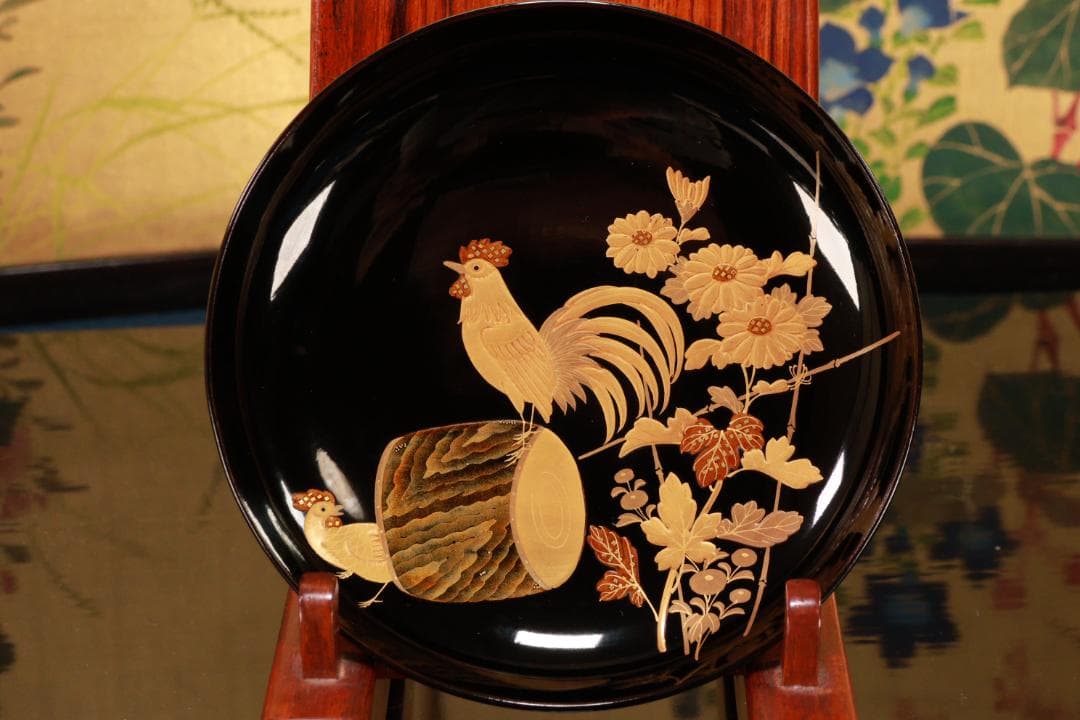 BJ131　時代輪島　加賀蒔絵　鶏図　吸物椀　五客　木製　茶道具 懐石 会席