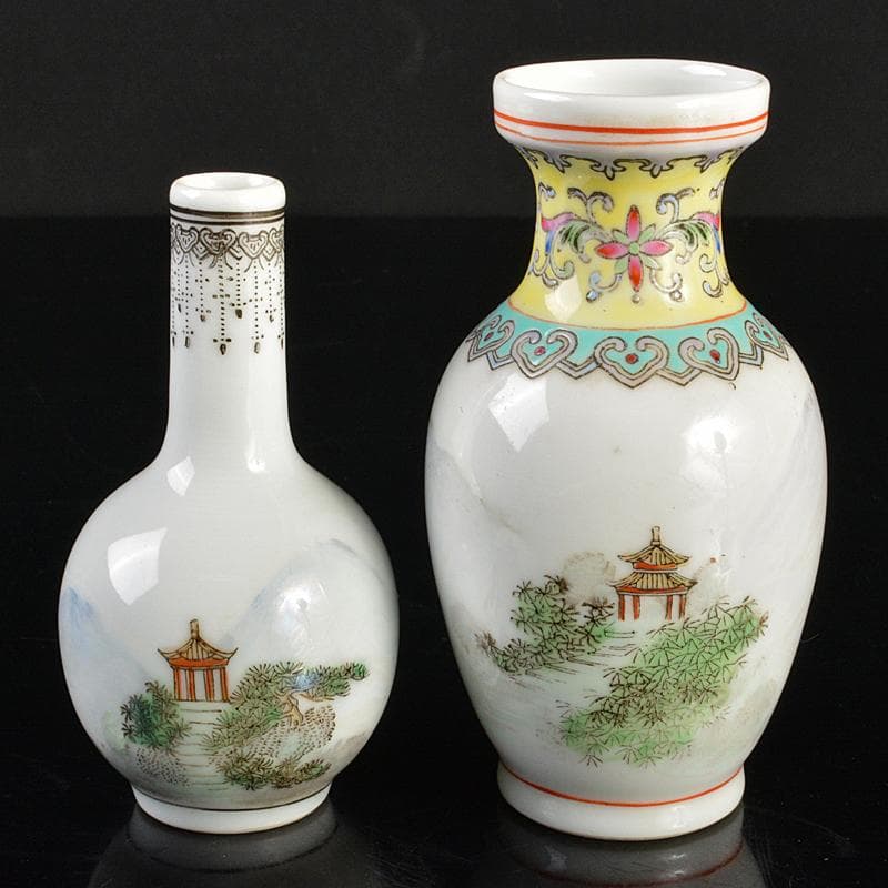 中国　乾隆年製款　粉彩　漢詩山水文　小瓶　2点まとめて　V　R6645