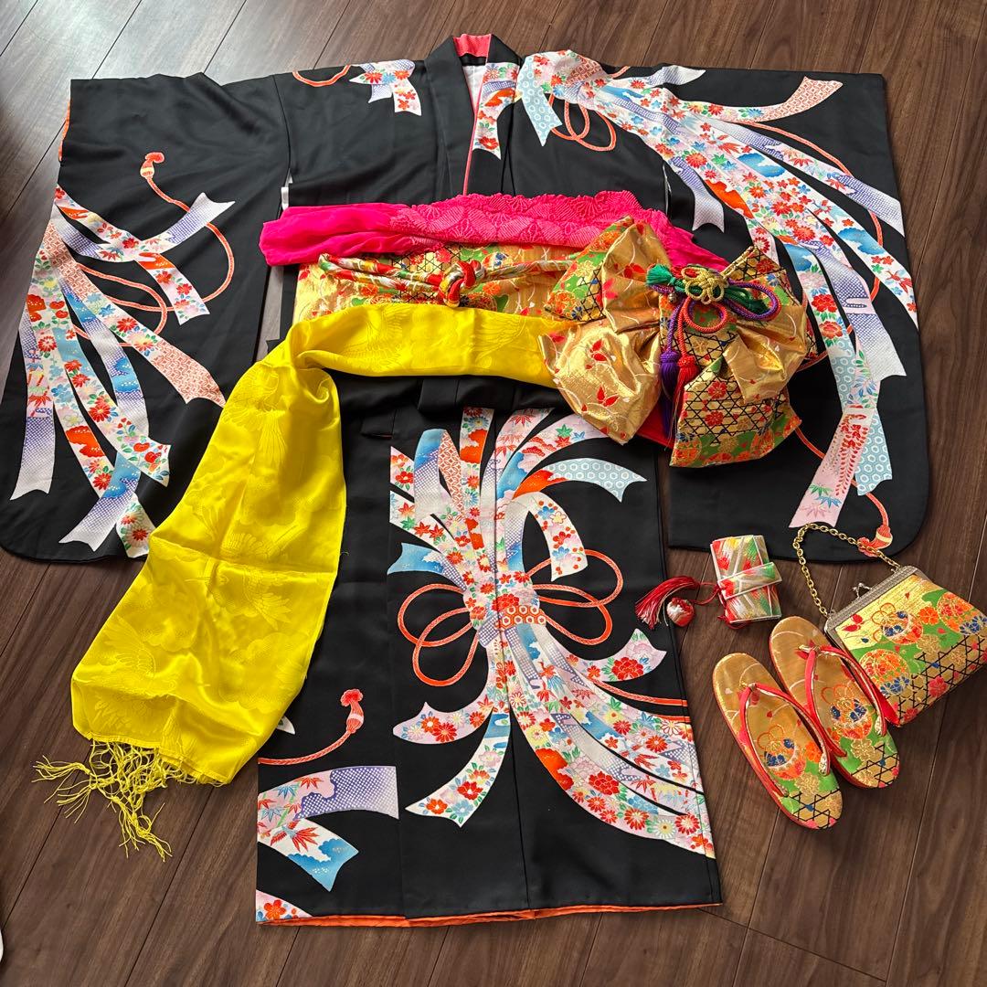 七五三　フルセット　アンティーク　7歳　黒　古典柄