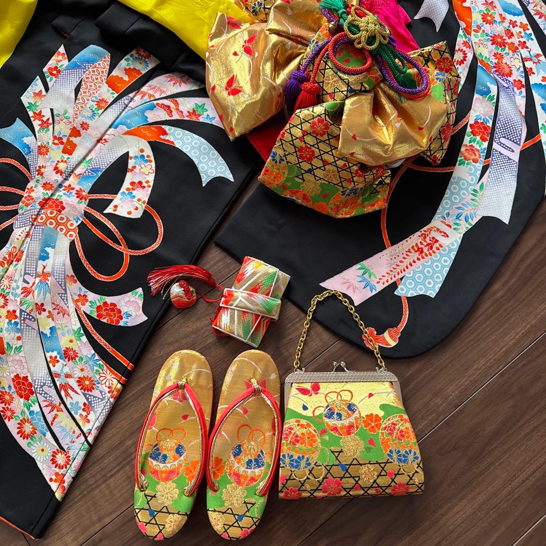 七五三　フルセット　アンティーク　7歳　黒　古典柄