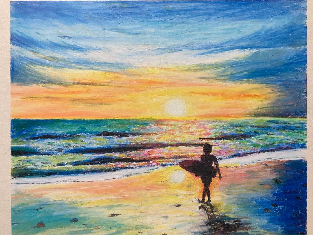 糸島の浜辺（福岡県）風景画　クレパス画原画