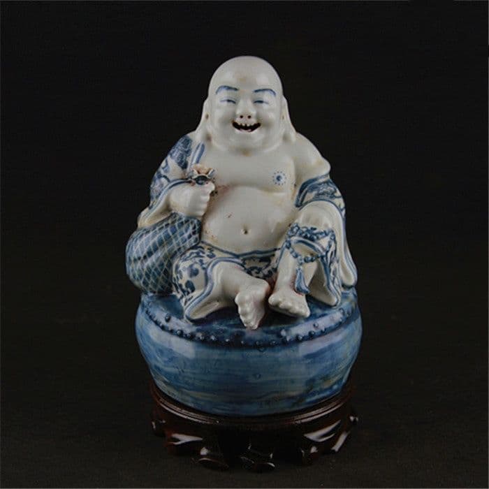 中国美術 青花坐鼓布袋羅漢仏像 陶磁器 装飾品 工芸品 置物