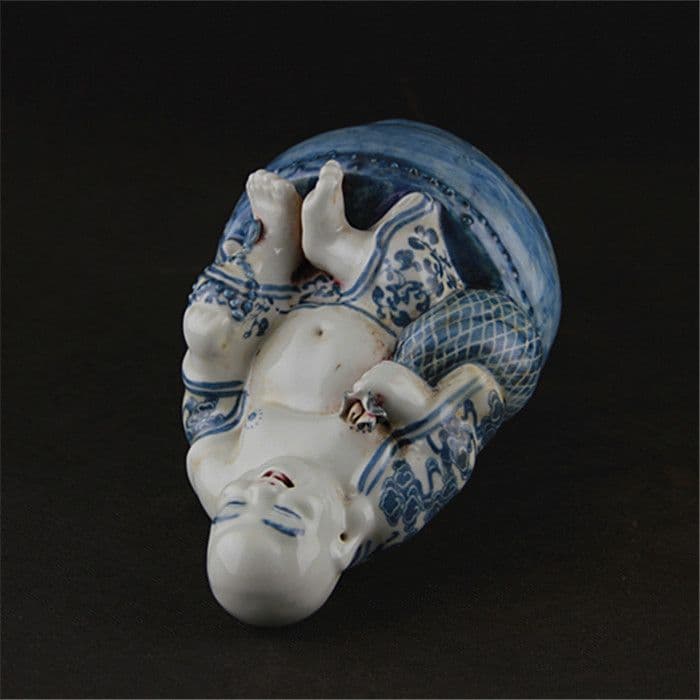 中国美術 青花坐鼓布袋羅漢仏像 陶磁器 装飾品 工芸品 置物