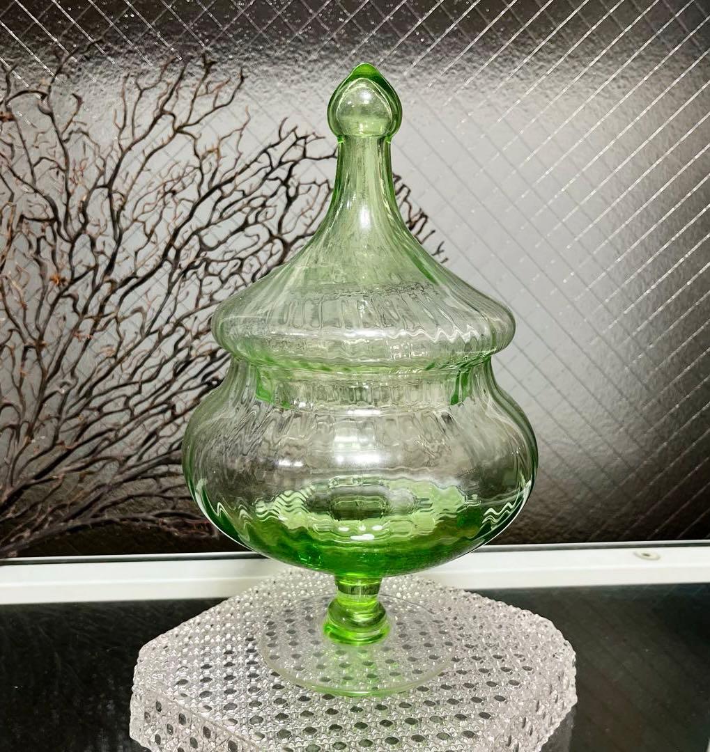 骨董　時代ガラス　ライムグリーン　ボンボニエール 菓子器　キャニスター
