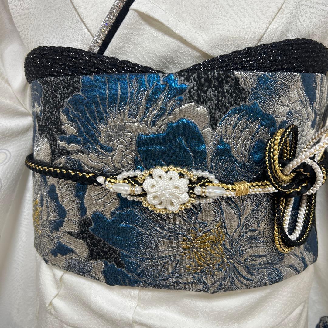 8/17迄　白地のクールな青緑色の梅の振袖フルセット