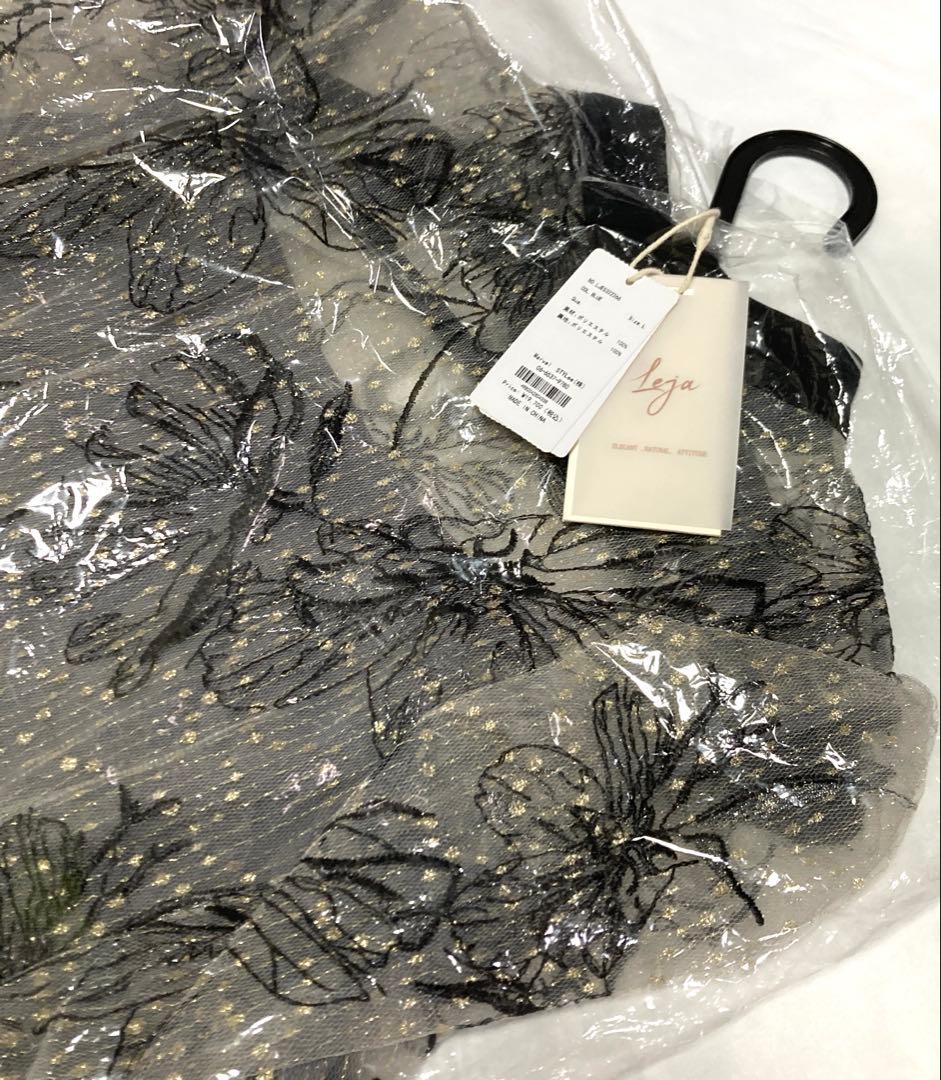 レジャLeja パイピングハイネック花柄ラメレースワンピースドレス Lサイズ