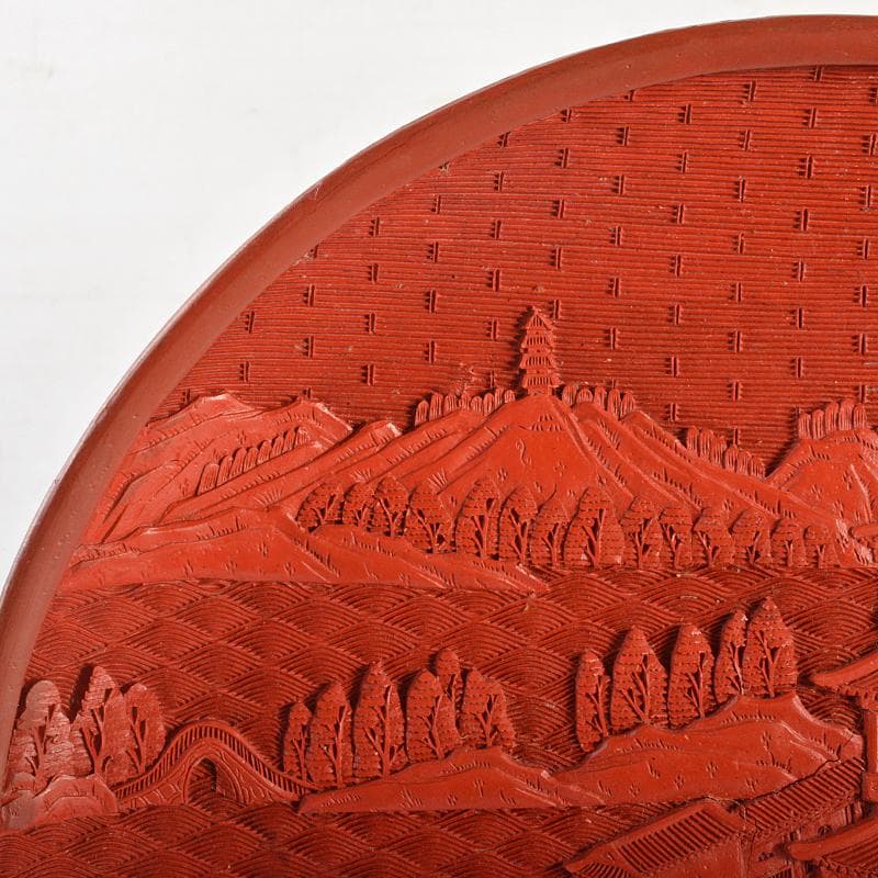 中国　剔紅　堆朱　山水楼閣文盤　飾皿　U　R6720