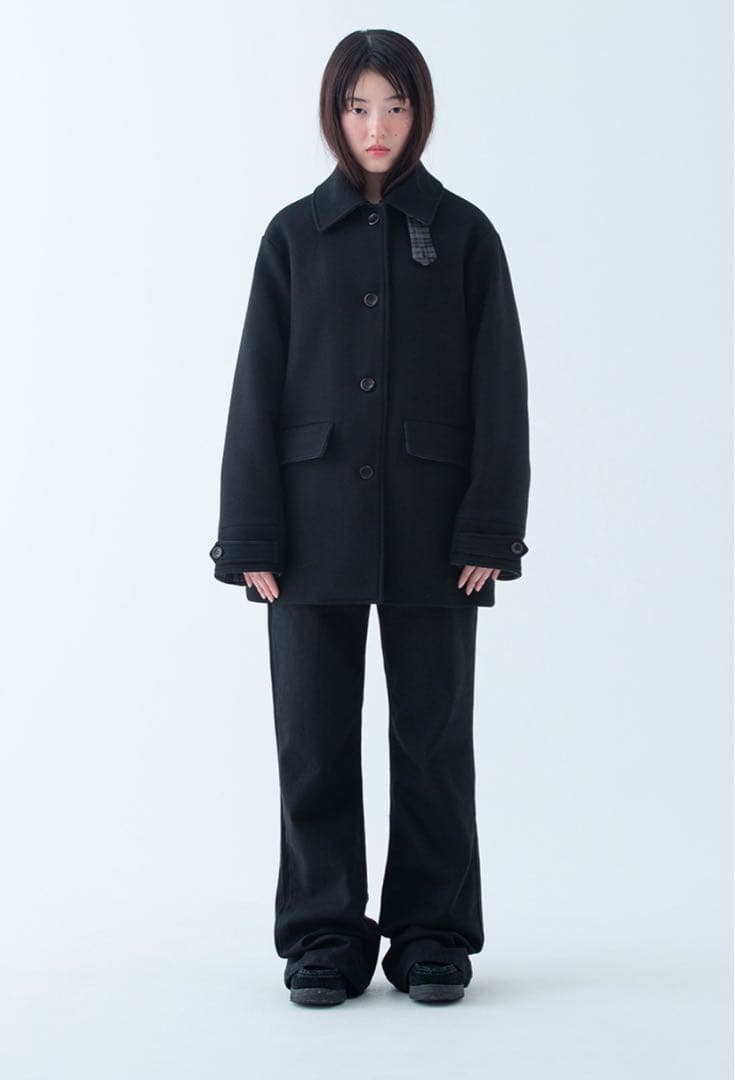 ジャケット・アウター OHESHIO CHECK HALF WOOL COAT BLACK