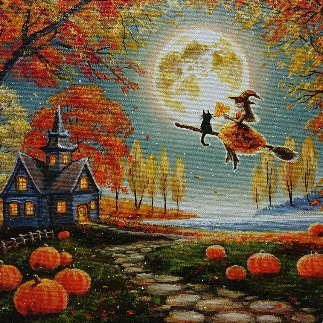 R*U様 【満月の夜に】アクリル画 F3 風景画 絵画