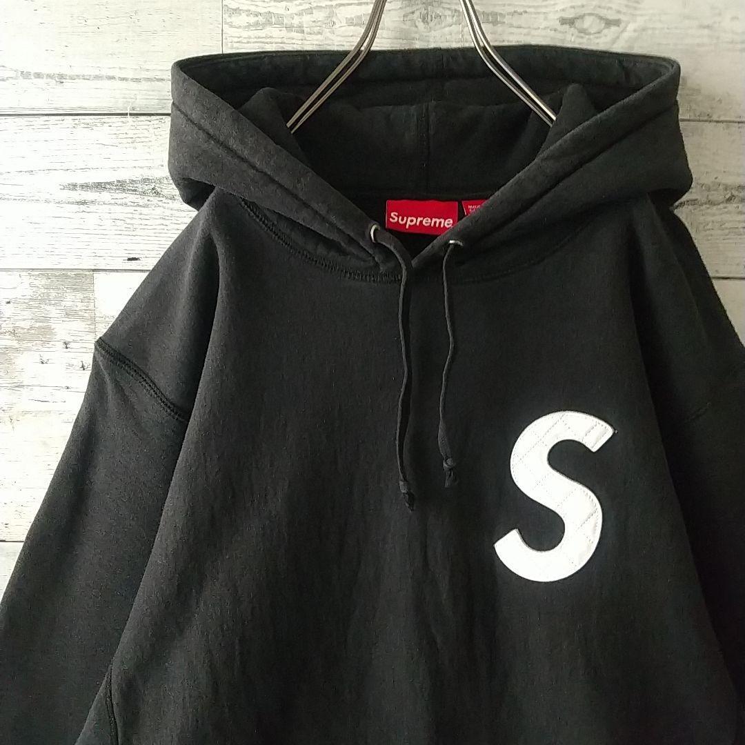 希少サイズ☆シュプリーム 刺繍 キルトレザー Sロゴ パーカー XL ブラック