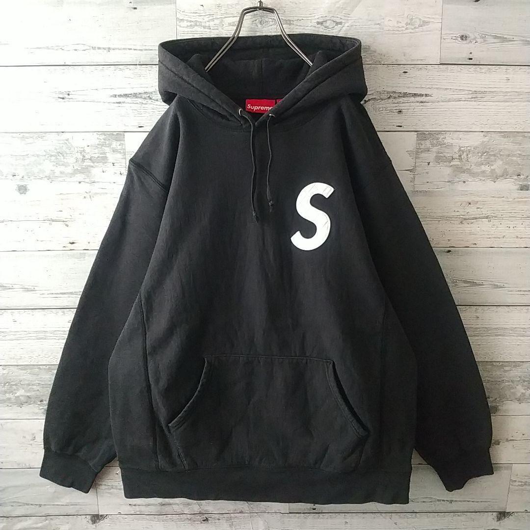 希少サイズ☆シュプリーム 刺繍 キルトレザー Sロゴ パーカー XL ブラック