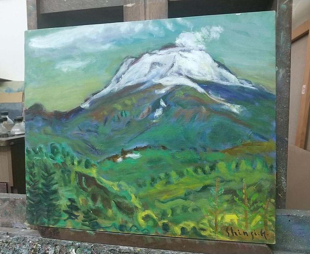 油絵「浅間山」残雪　F8 絵画