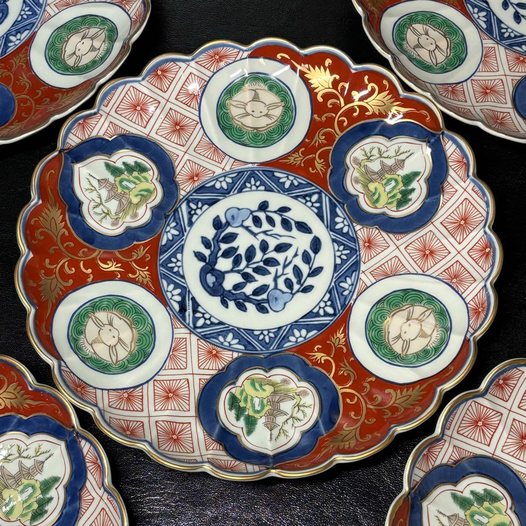 ★食器/有田焼！赤濃木甲山水 兎図 和皿揃 5枚！『林九郎』作！共箱★