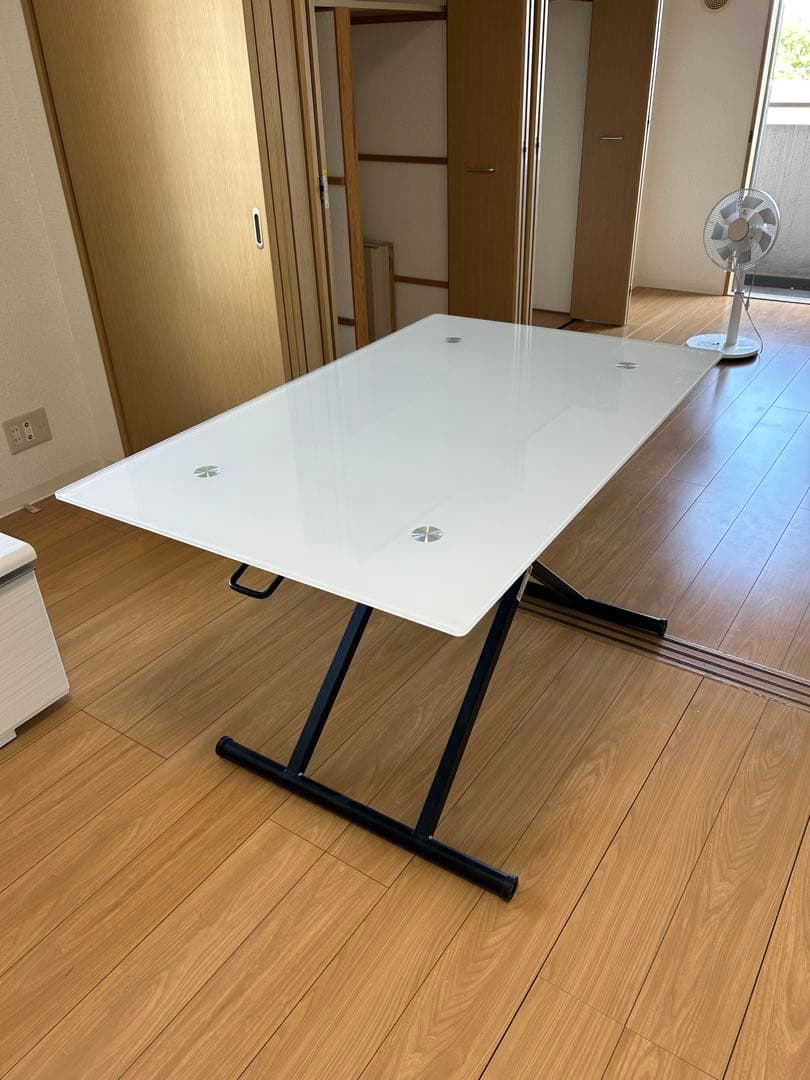 ガラステーブル 無段階昇降式25cm〜75cm 作業台 ダイニングテーブル
