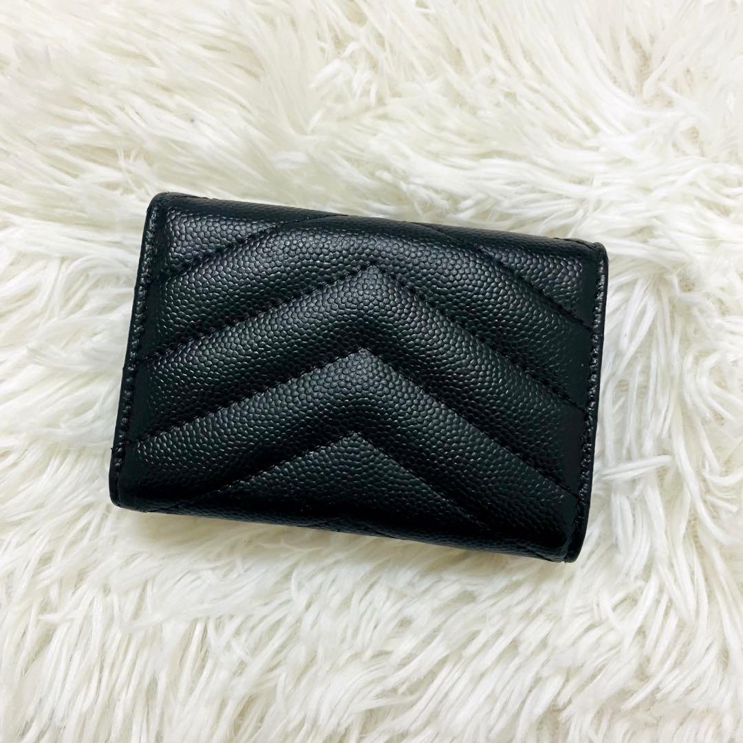 極美✨サンローラン 三つ折り財布 Vステッチ カサンドラ レザー 黒 オリガミ