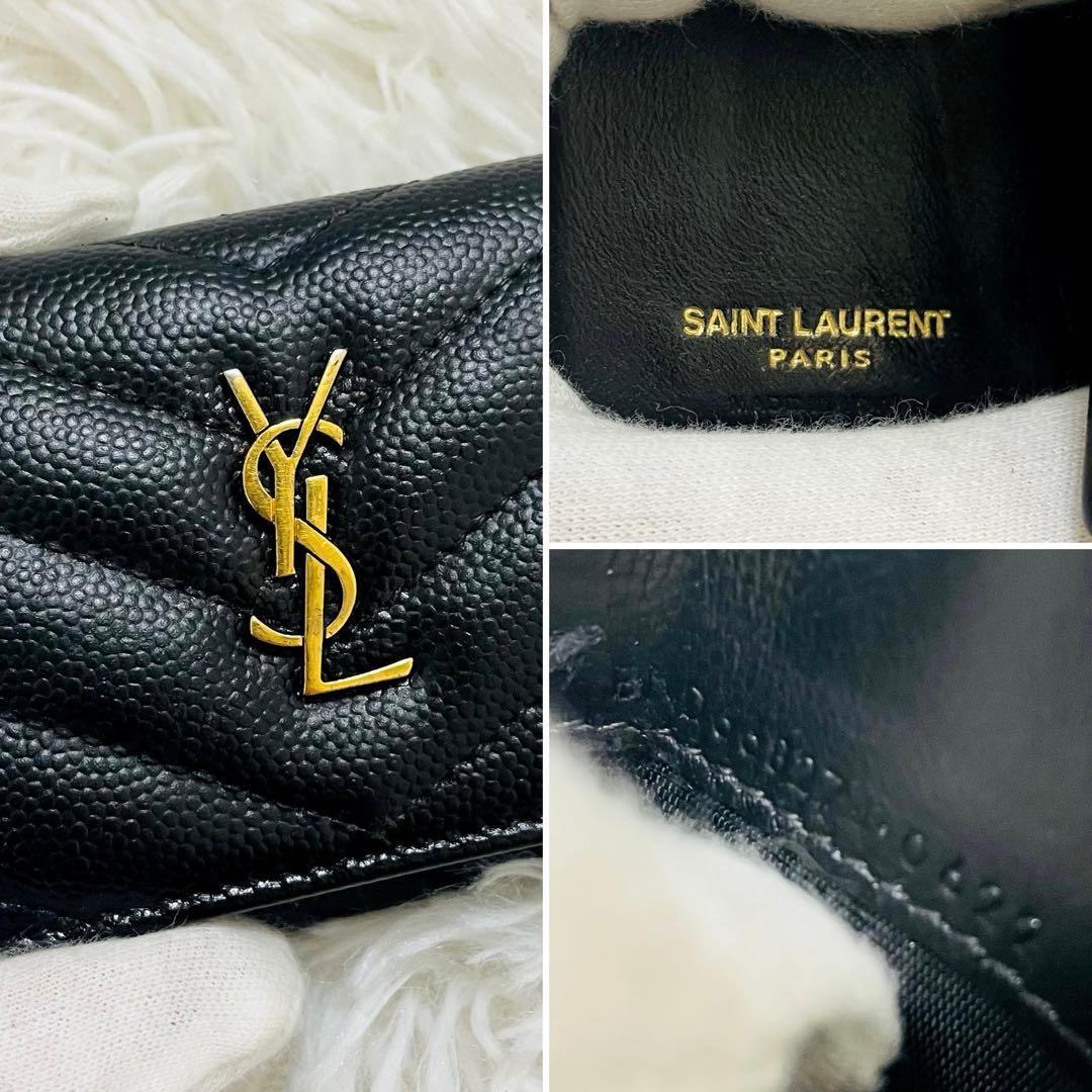 極美✨サンローラン 三つ折り財布 Vステッチ カサンドラ レザー 黒 オリガミ