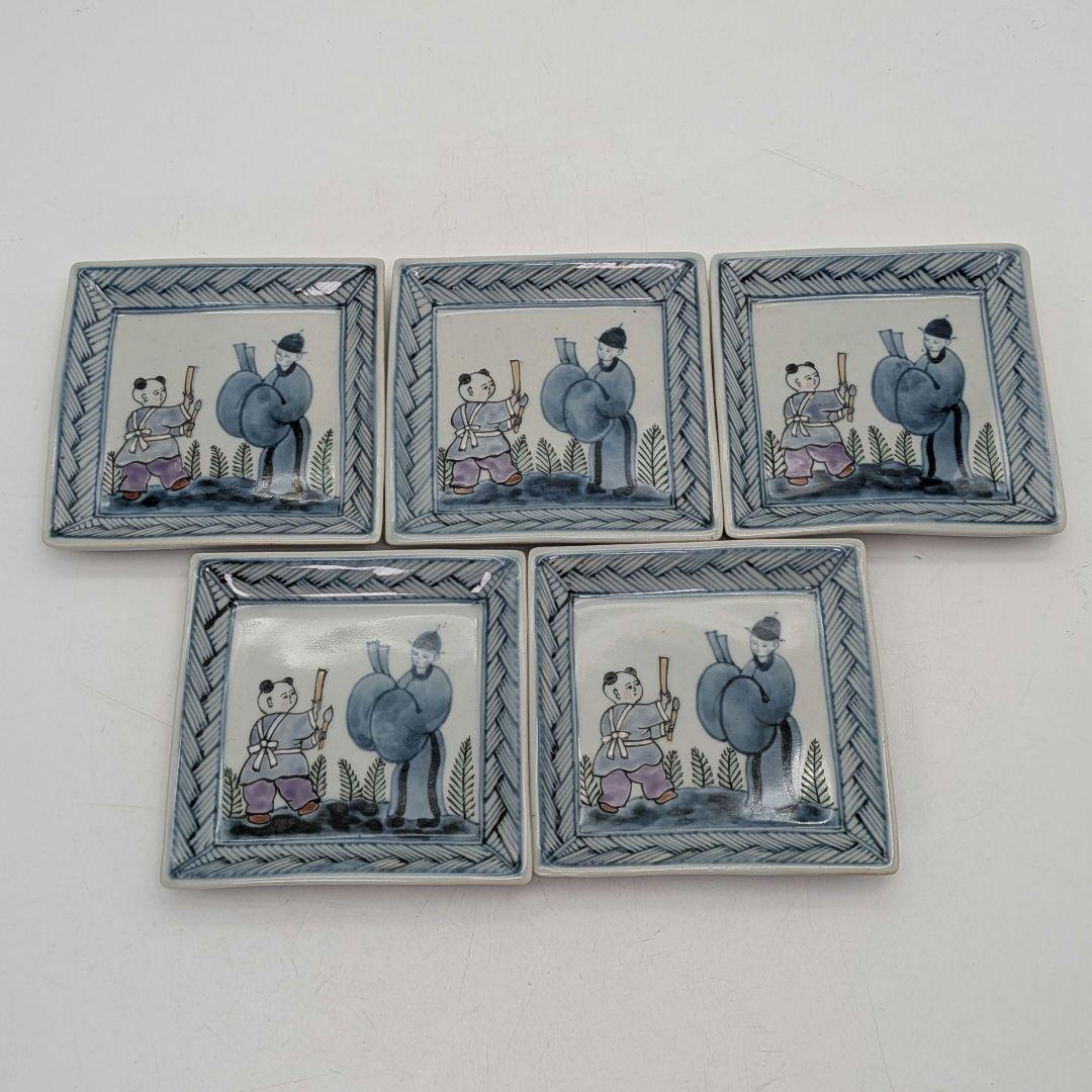 六代目 佐藤走波 有田焼 染錦唐子遊図方銘々皿 共箱 伊万里焼 食器 小皿 角皿