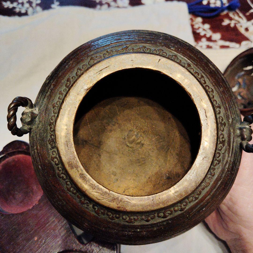 骨董　銅製香炉　三脚　木製香炉台 付き