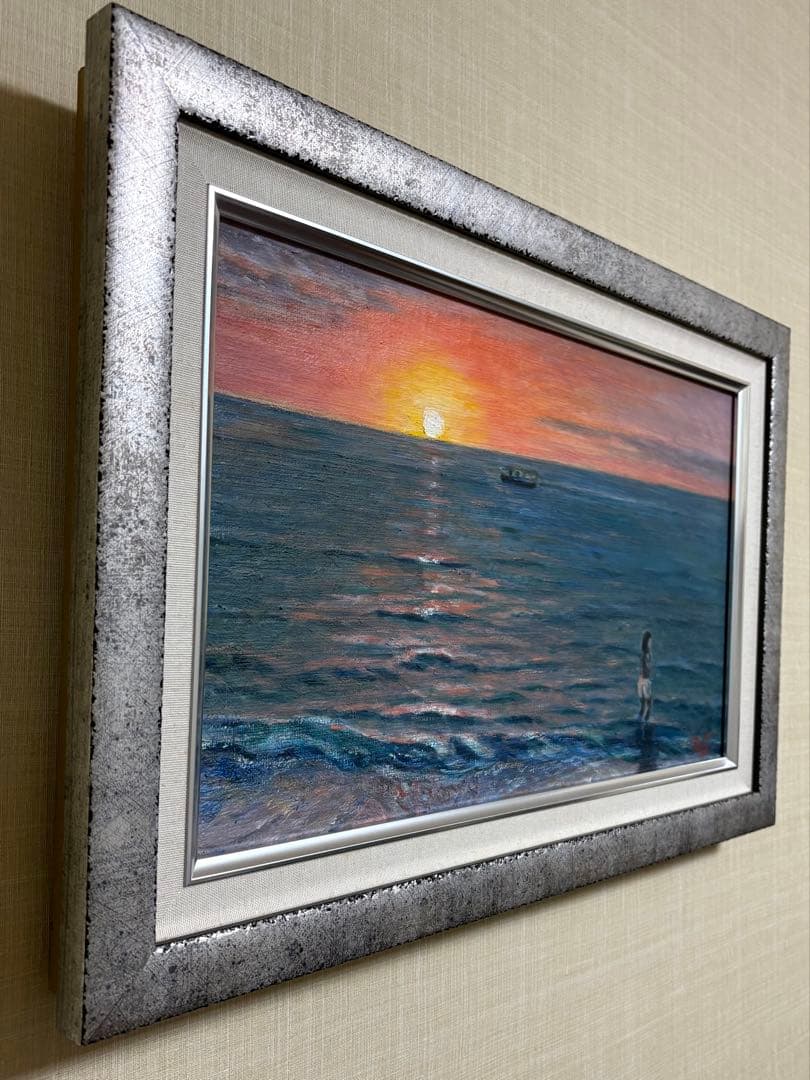 油彩原画　夕日の海・ハワイ　M８号　額装品