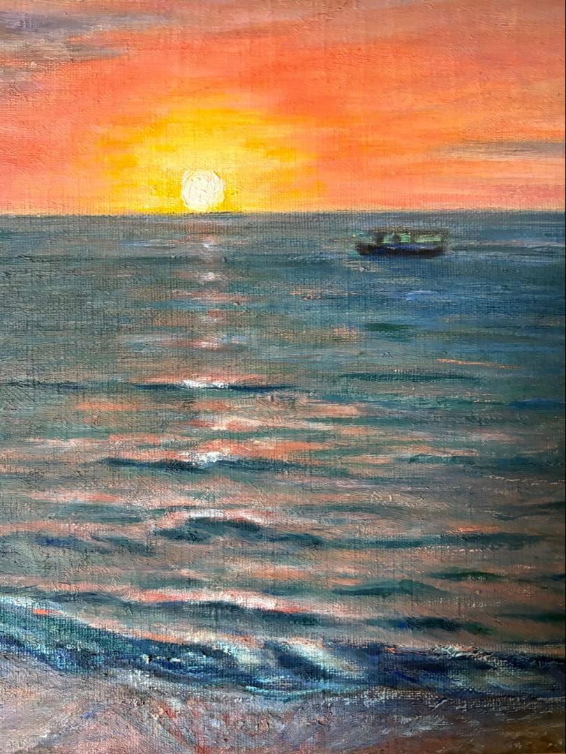 油彩原画　夕日の海・ハワイ　M８号　額装品