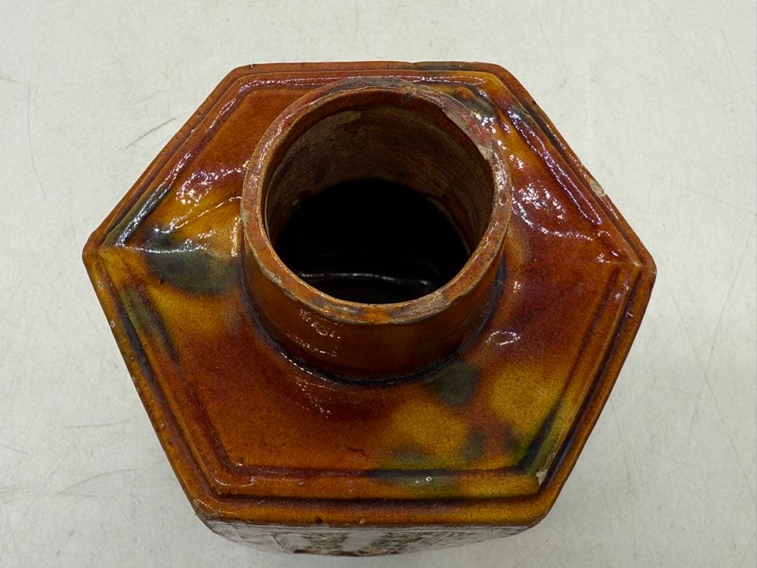 中国　清時代　素三彩　梅竹詩紋六角茶壺　アンティーク　送料込み251121