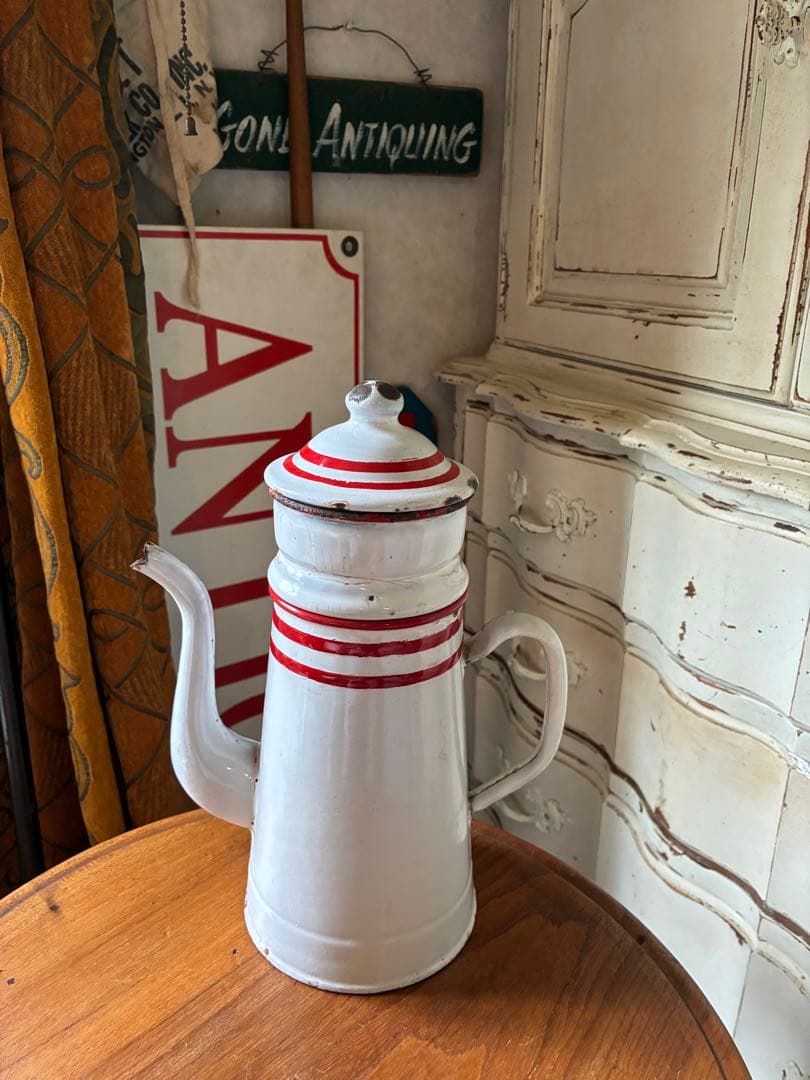フランス　アンティーク　ホーロー　ポット　赤白　ダブルビギン　二段式　100年