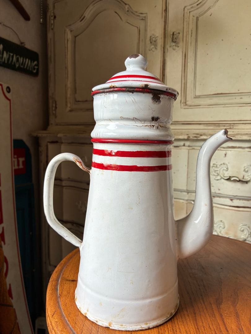 フランス　アンティーク　ホーロー　ポット　赤白　ダブルビギン　二段式　100年