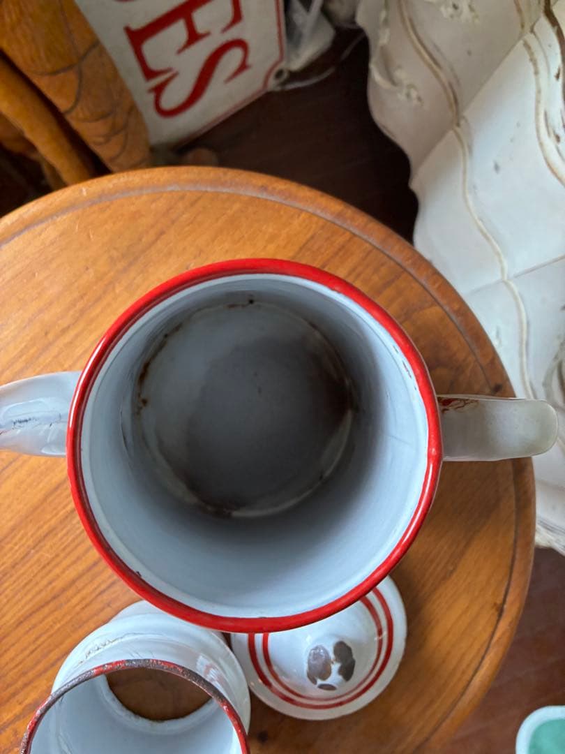 フランス　アンティーク　ホーロー　ポット　赤白　ダブルビギン　二段式　100年