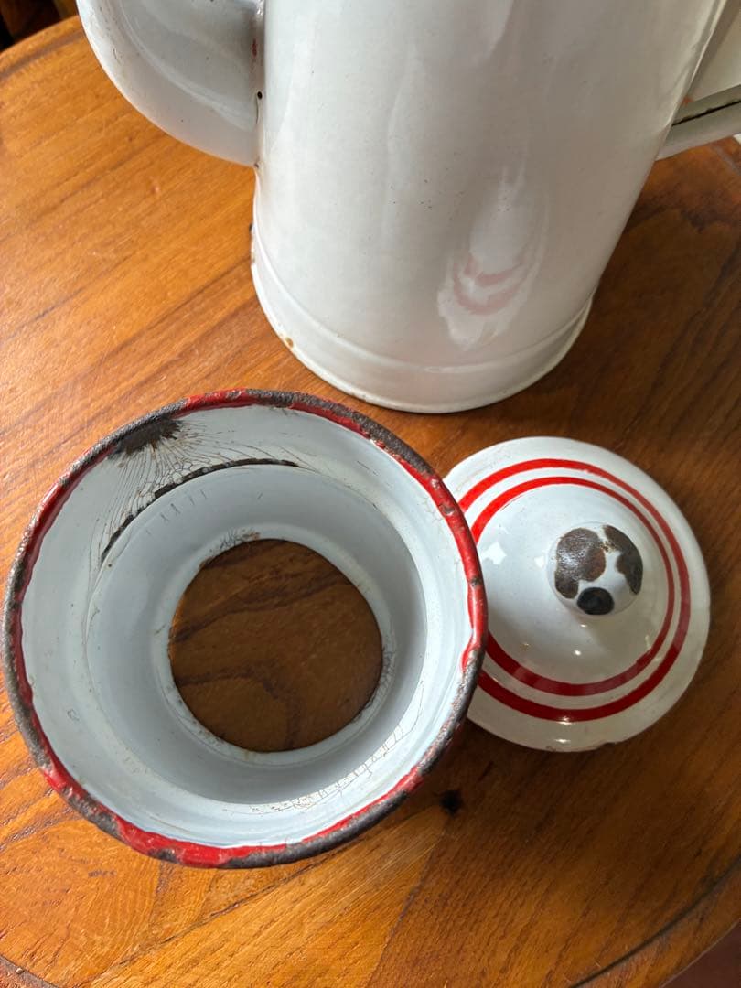 フランス　アンティーク　ホーロー　ポット　赤白　ダブルビギン　二段式　100年