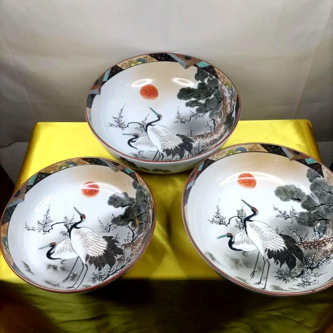 九谷焼　古九谷　金彩　色絵　三ツ鉢　小鉢　中鉢　大鉢　8寸9寸1尺鉢　3客セット