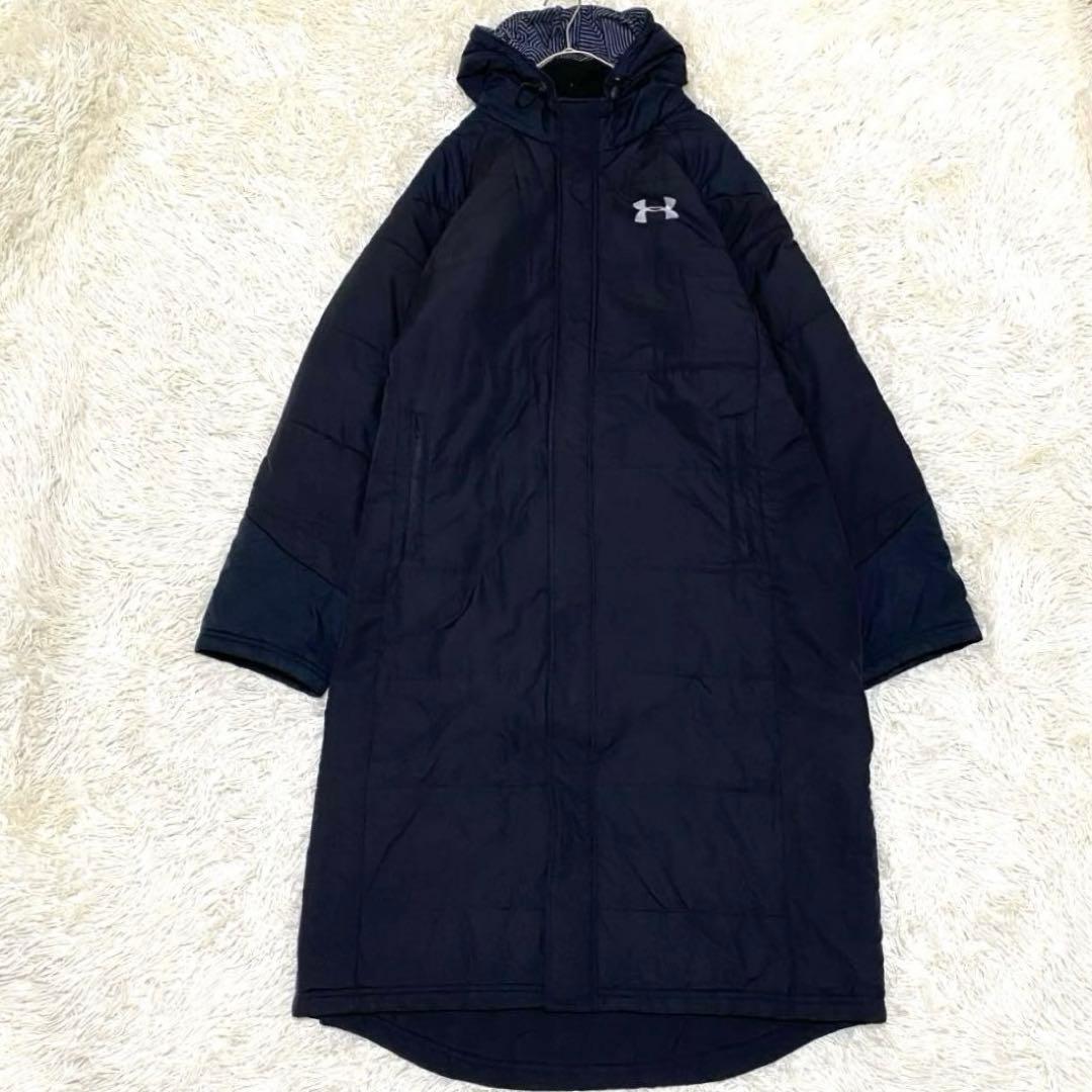 【希少2XL✨】アンダーアーマー フード付 ベンチコート ロングコート 黒 紺