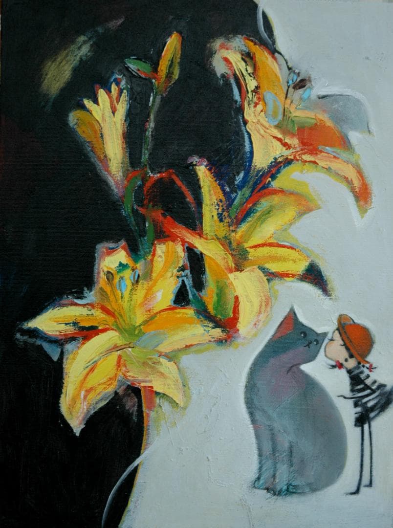 油絵 菅家令子 絵 絵画インテリア額付(白) uF6-050320 子猫と女の子