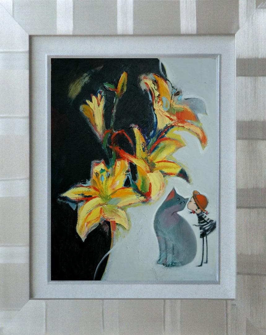 油絵 菅家令子 絵 絵画インテリア額付(白) uF6-050320 子猫と女の子