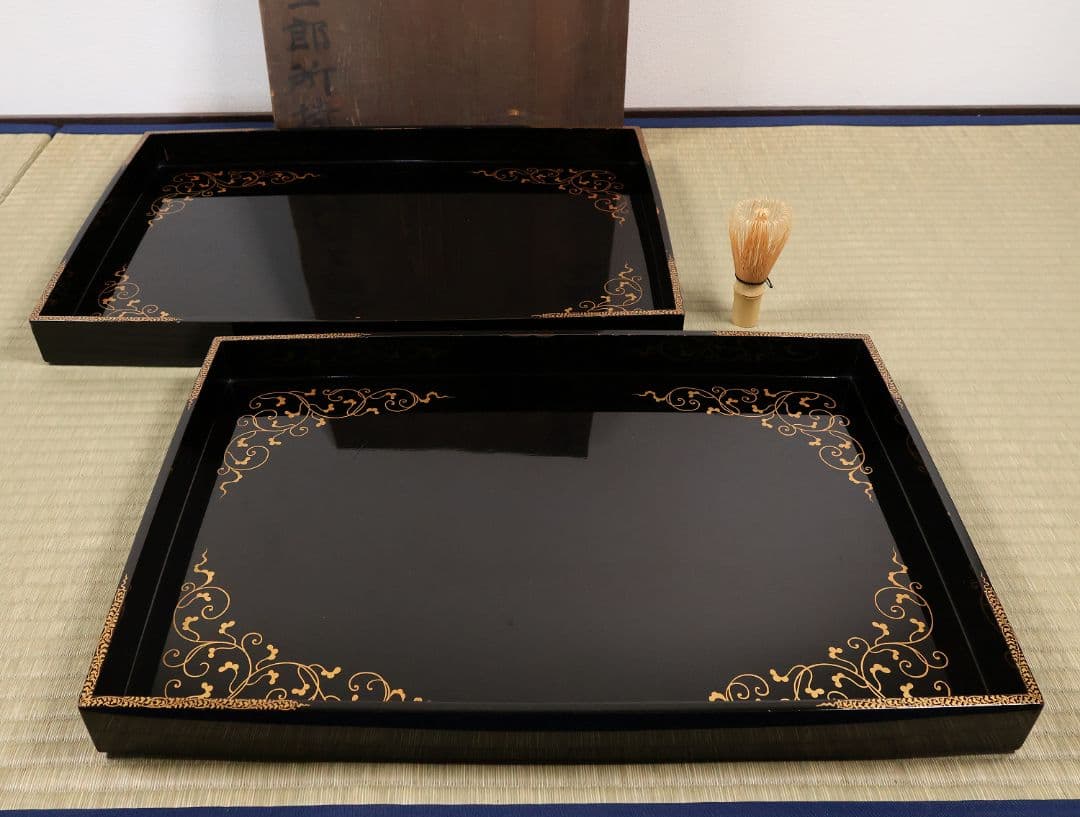 漆芸 木製漆器 唐草蒔絵 黒塗 長方盆 大小一組 2枚 脇取 広盆【MA719】