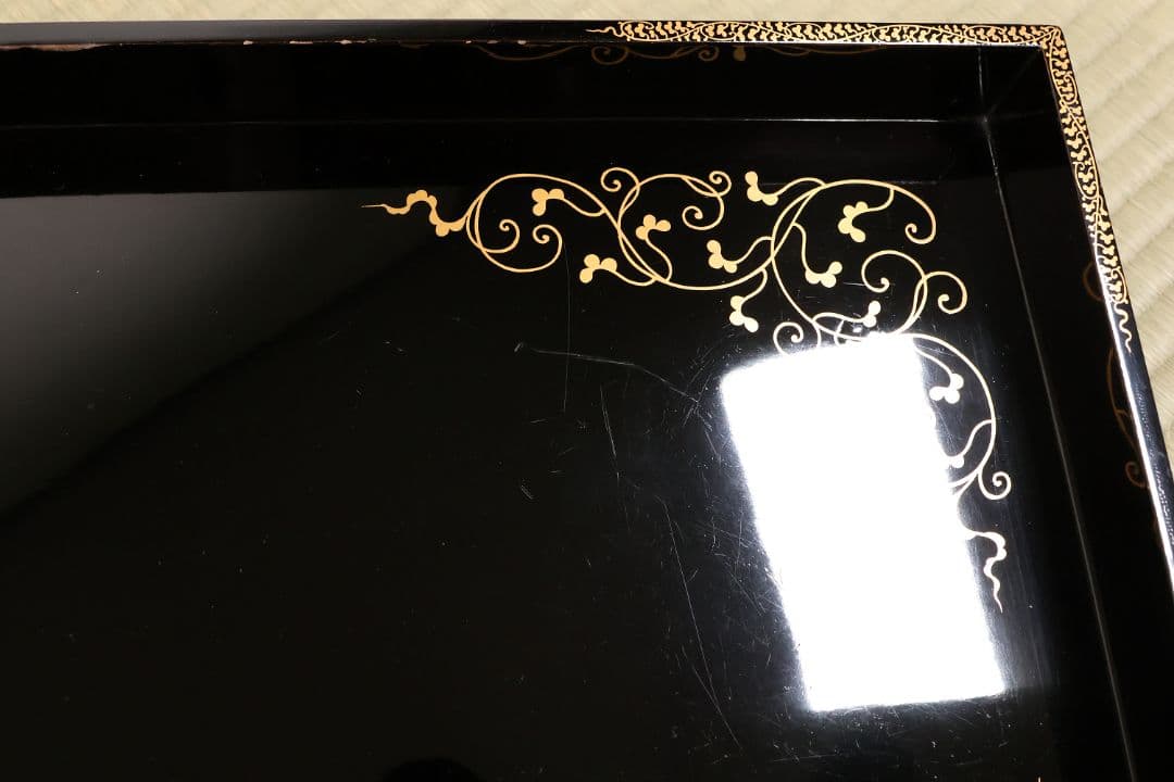 漆芸 木製漆器 唐草蒔絵 黒塗 長方盆 大小一組 2枚 脇取 広盆【MA719】