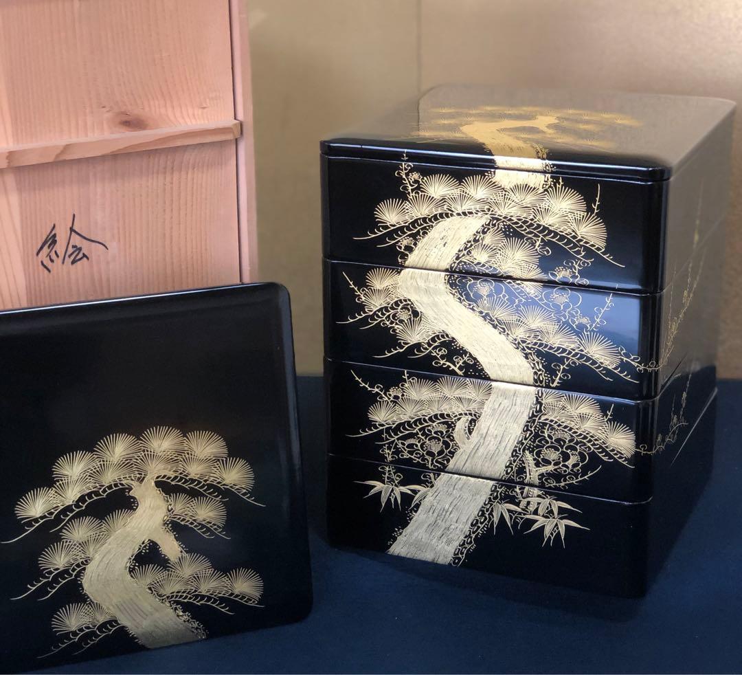 《レ》黒内朱 沈金松竹梅 四段重 替蓋付 木箱　251117え2